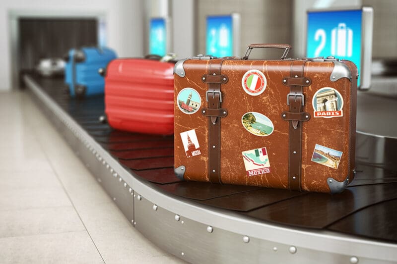 Old vintage suitcase on a airport luggage conveyor belt. Baggage claim. Travel and tourism concept background. 3d illustration