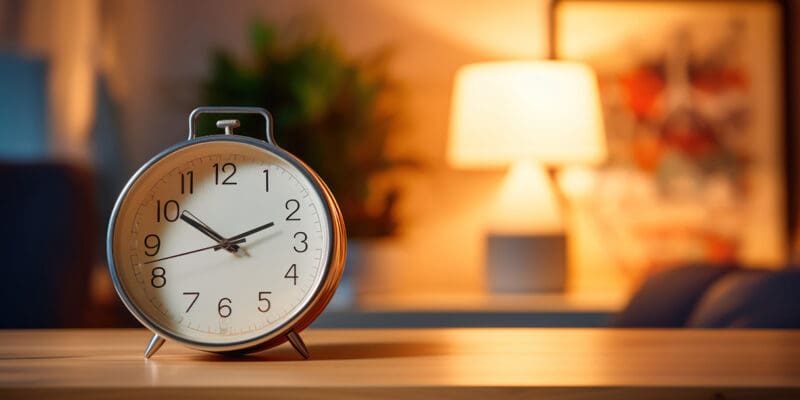 Close-up of a clock face, with a cozy room behind.